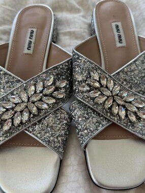 Miu Miu Crystal Embellished Glitter Slide Sandals ✨ | Size 37 Fit 7-7.5
